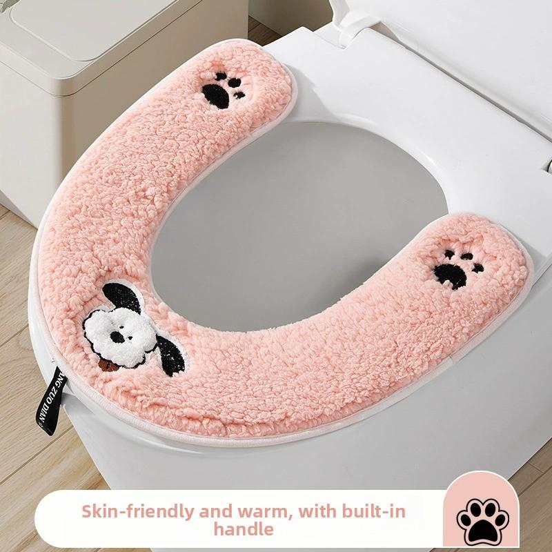 Funda de asiento de inodoro suave y cálida para invierno con diseño de perrito y asa higiénica
