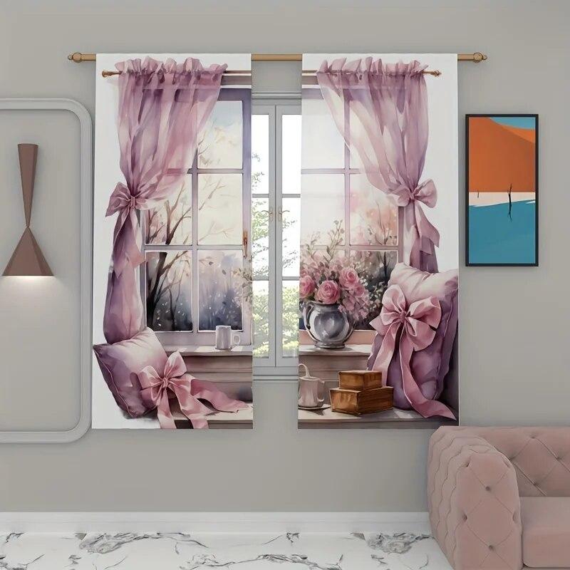 2 шт., полупрозрачные шторы с акварельным цветочным принтом, многосценные стержни, карманный декор, шторы для гостиной, спальни, домашний декор