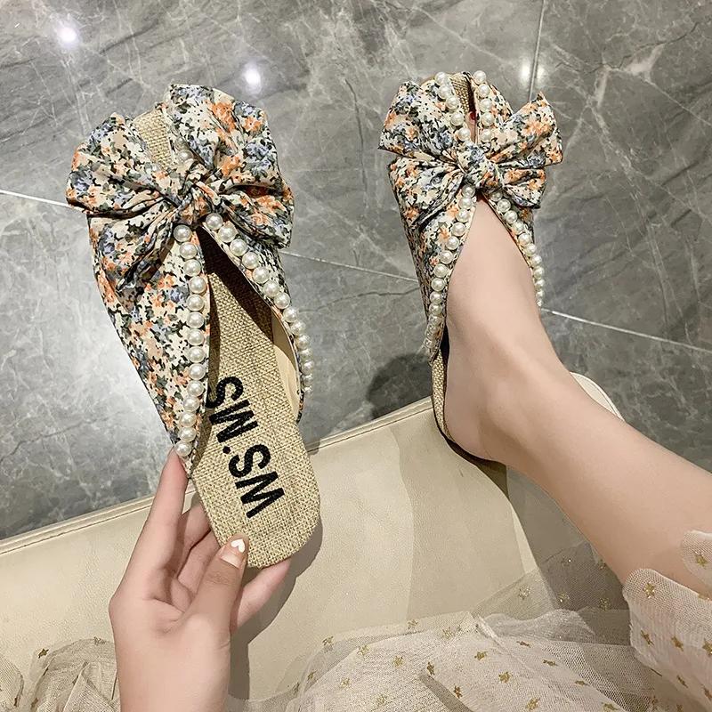 Женские тапочки, летние сандалии с цветочным принтом, полубанты на плоской подошве, модные тапочки для женщин, пляжная обувь для отдыха на природе, женская обувь Zapatos De Mujer