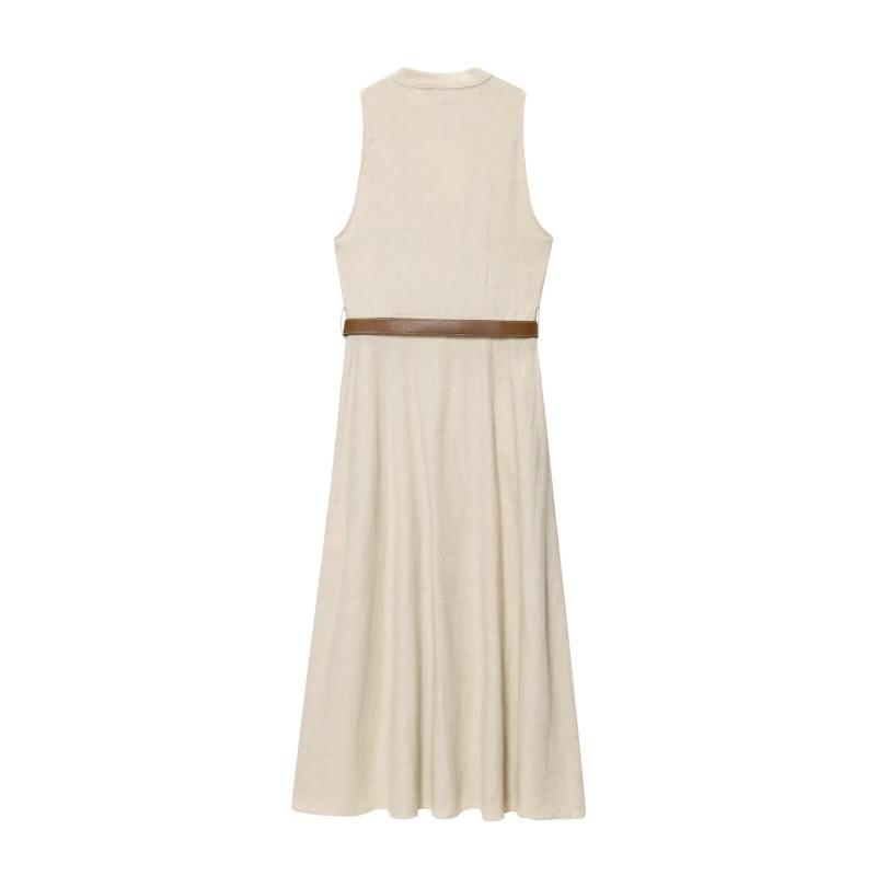 2026 French Style Stand Collar Sleeveless A-Line Midi Dress Women Single Breasted With Belt 8137775