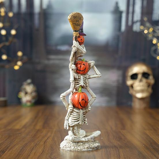 Halloween Stacked Skeleton Pumpkin Decor Resin Skeleton Statue with Pumpkin Head Witch Hat Broom for Home Office Holiday Table Decor