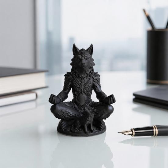 3D-печатная статуэтка медитирующего оборотня в готическом стиле Yousheng, скульптура Зверя-Воина Дзен на круглой основе, матово-черный фэнтезийный декор для стола, уникальный подарок для