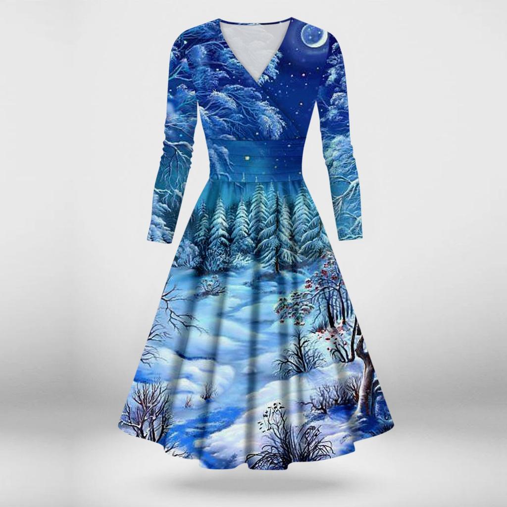 Женское повседневное и модное сексуальное платье с v-образным вырезом и длинными рукавами с рождественским принтом