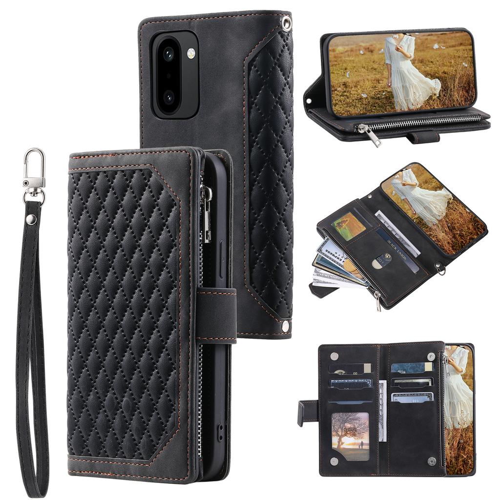 For OnePlus 15R 5G Wallet Case Rhombus Stitching Line PU Leather Phone Cover with Wrist Strap