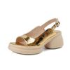 Cow Skin Peep Toe Thick High Heels Platform Summer Gold Color Shoes Buckle Waterproof Women Sandals