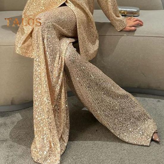 Женская рубашка с пайетками, брюки, лацкан, V-образный вырез, мешковатое пальто с длинным рукавом и средней длиной, широкие брюки большого размера для вечеринок, клубных нарядов знаменитостей