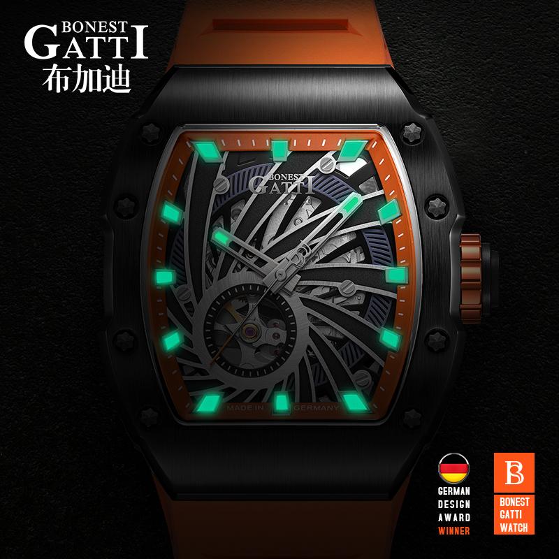 BONEST GATTI BG9902 Phantom Speed Automatic Skeleton Mechanical Watch Stainless Steel Case Rubber Strap Wristwatch for Men