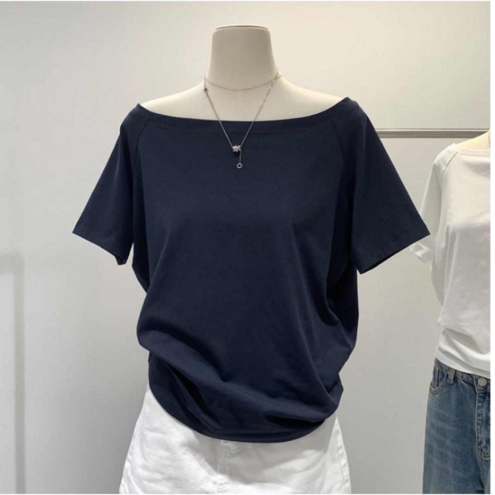 Футболка на одно плечо из чистого хлопка с короткими рукавами и диагональными плечами для женщин, летняя, новая свободная базовая футболка с открытыми плечами