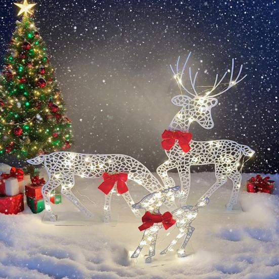 Рождественское светящееся украшение в виде оленя, светодиодная подсветка, 2D железная семья оленей для двора, патио, лужайки, сада, домашнего декора для рабочего стола