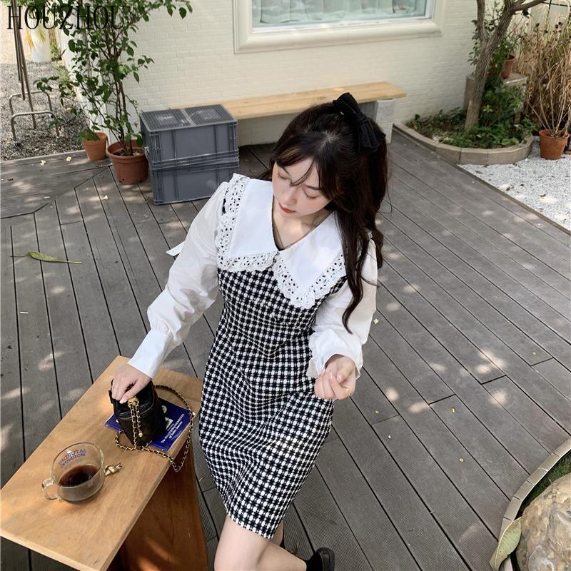 HOUZHOU Платье в клетку с кукольным воротником, женское платье из двух частей, милое элегантное шикарное платье феи в корейском стиле