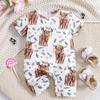 Infant Baby Lovely Cow & Floral Print Jumpsuit Casual Short Sleeve Romper