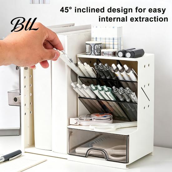 Compact Plastic Desk Shelf Pen Organizer with Retractable Bookends And Pegboard, Multi-Functional Angled Makeup Space Saving Craft Tool Storage Brush
