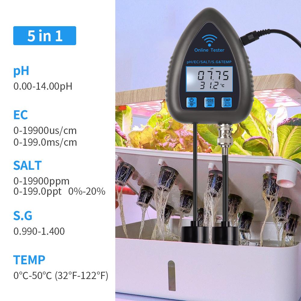Tuya WiFi 5 In 1 TDS/EC/SALT/S.G./TEMP PH Meter Bluetooth APP Online Water Quality Monitor for Pool Aquarium Aquaculture
