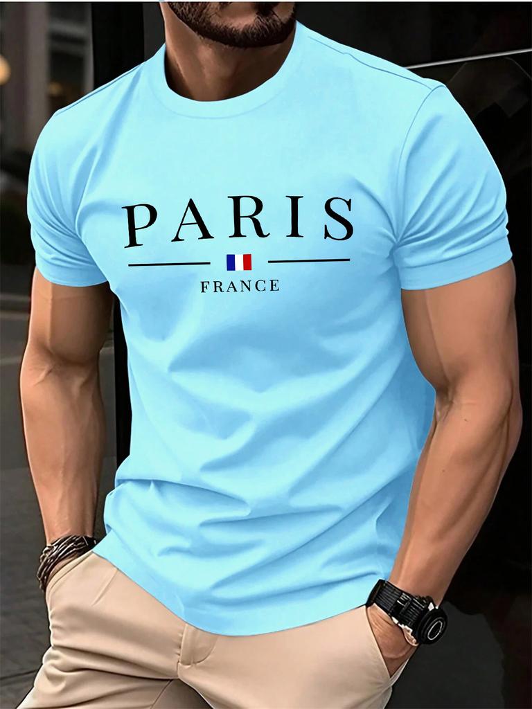 Summer Men's 100% Pure Cotton Casual Loose Plus Size Paris French Printed Sports Comfortable Round Neck Short Sleeved T-shirt