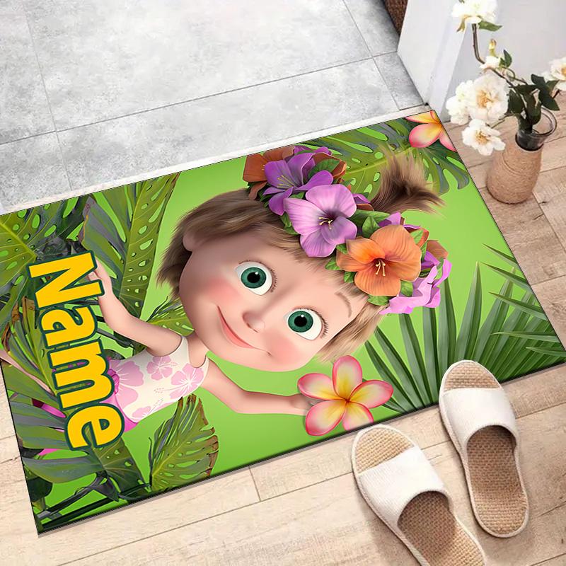 Custom Masha and the Bear Mat Personalized Name, Polyester Washable Indoor Entryway Rug, Gift for Christmas, Easter, Thanksgiving Day