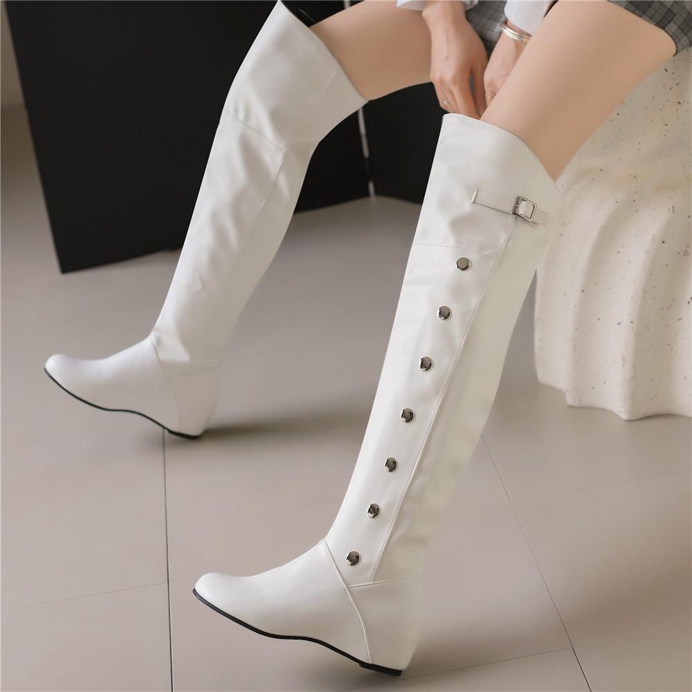 Women Boots Winter New Fashion Casual Over-The-High Boots Round Toe Buckle Plus Size 34-43Lady Shoes Rivet Metal Decoration