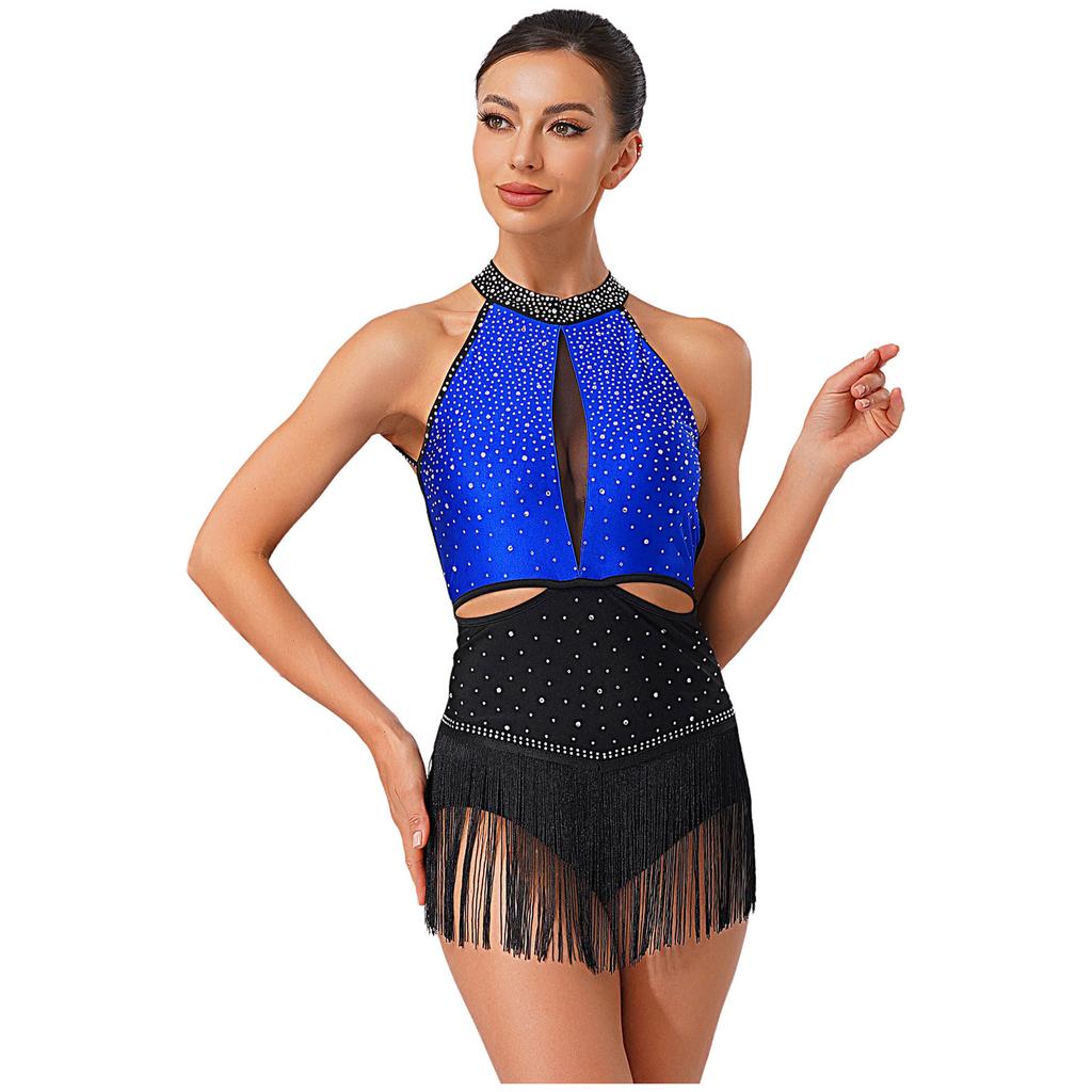 Женский латиноамериканский джазовый танцевальный купальник, полностью расшитый стразами, юбка с бахромой, открытая спина, контрастный боди