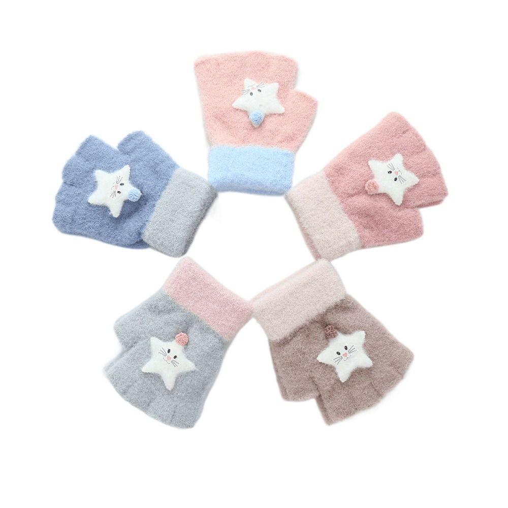 Plush Half Finger Cat Five Fingers Korean Mittens Star Kids Outdoor Gloves Children Winter Gloves