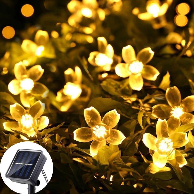 Solar Cherry String Lights Outdoor Sakura Garlands Peach Flower LED Night Lamp for Wedding Party Tree Garden Parterre Decoration