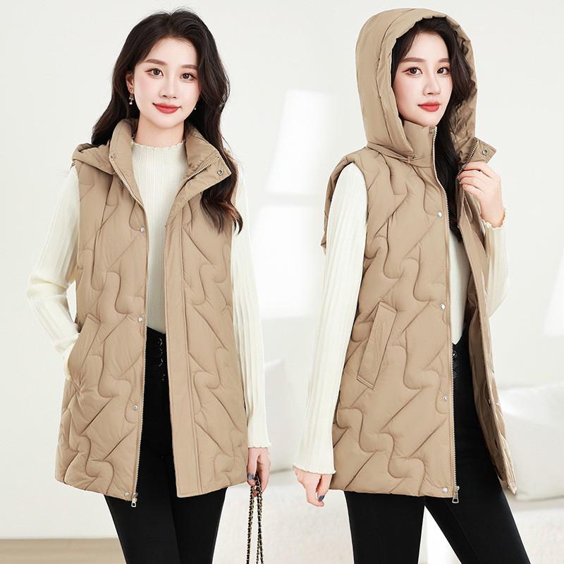 Womens Hooded Puffer Vest Mid-Length Warm Down Cotton Filled Sleeveless Coat Casual Korean Style