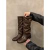 High-heeled Retro Stacking Boots Brown Long Knight Boots Women's Shoes 2024 New Autumn and Winter Mid-tube Pants Tube Long Boots