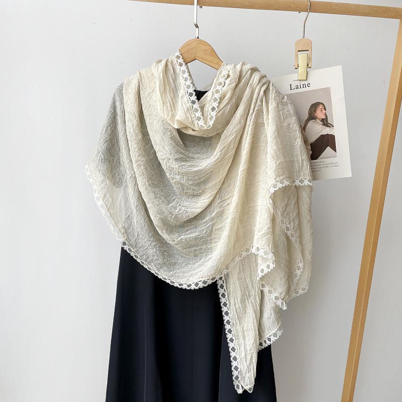 Solid color lace edge square scarf cotton and linen thin scarf women's summer outer shawl high-end silk scarf yarn