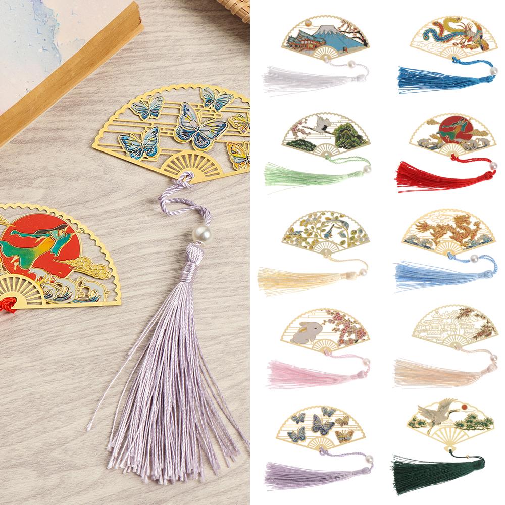 Retro Chinese Style Crane Flower Metal Folding Fan Shape Book Clip Brass Bookmark Pagination Mark