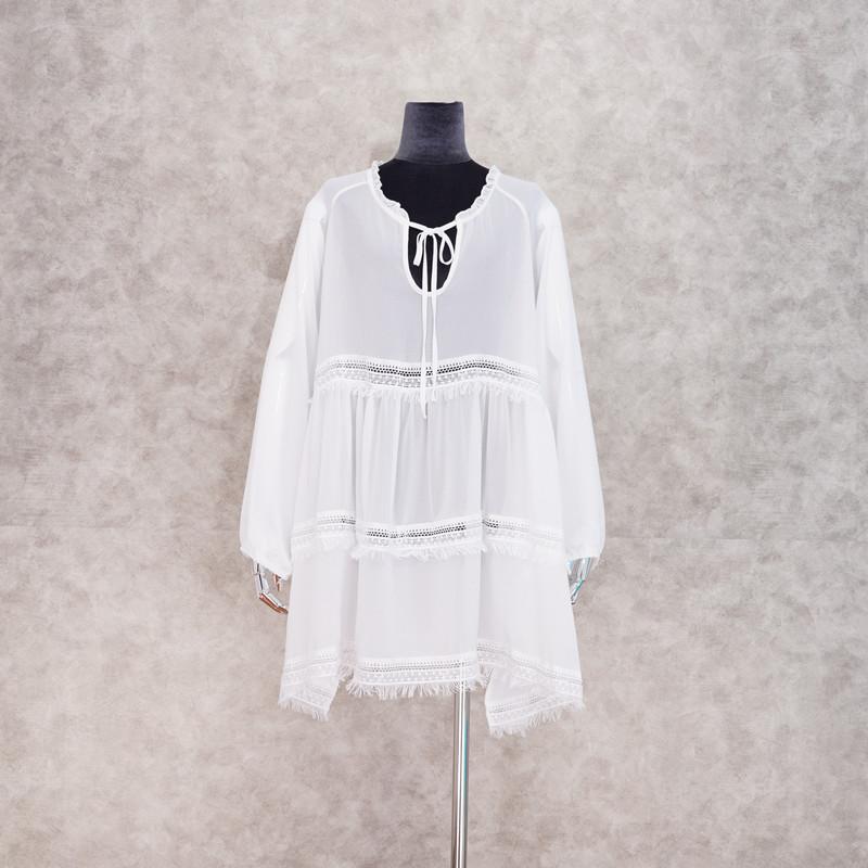 Summer New Beach Bikini Cover-up Sexy V-neck Lace Stitching Micro-sheer Chiffon Skirt Lantern Long-sleeved Loose Women's Swimwear Cover-up Q1056