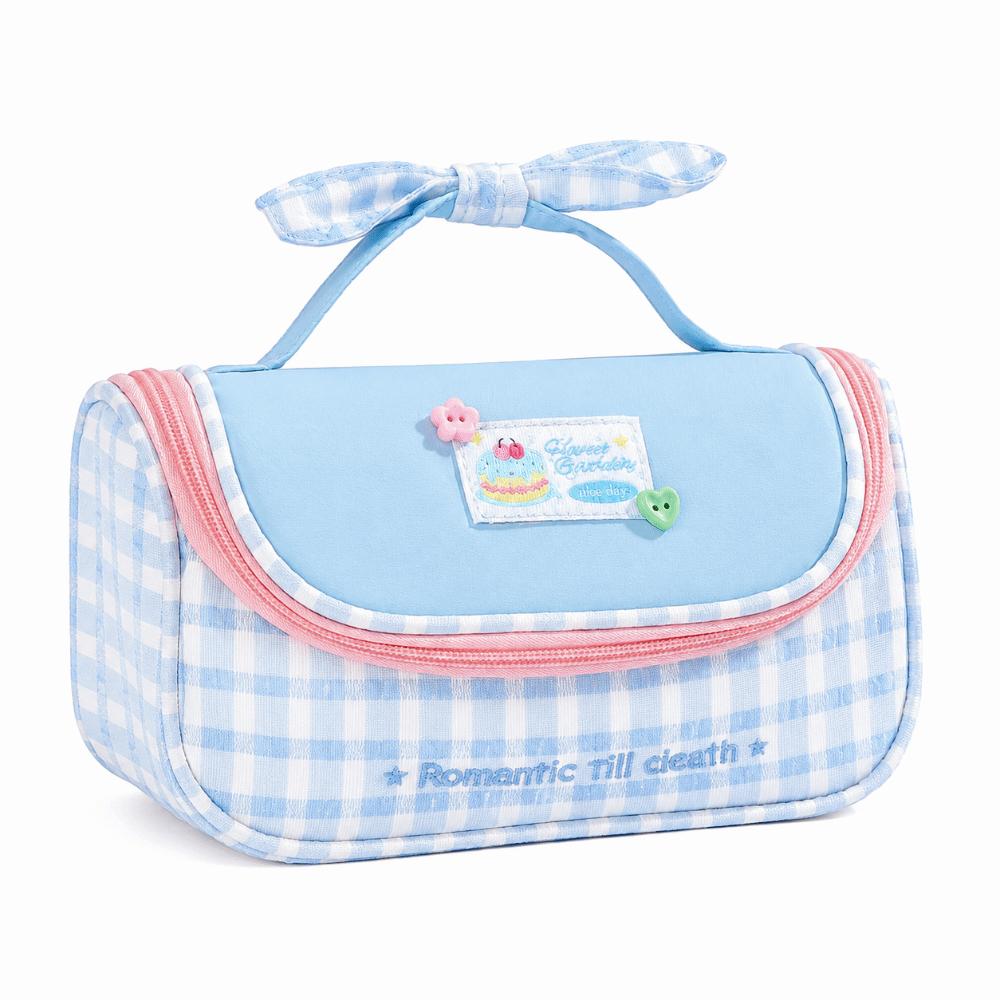 Gingham Print Stationery Bag Bow Handle Pencil Pouch Multi-Functional Pencil Case Students