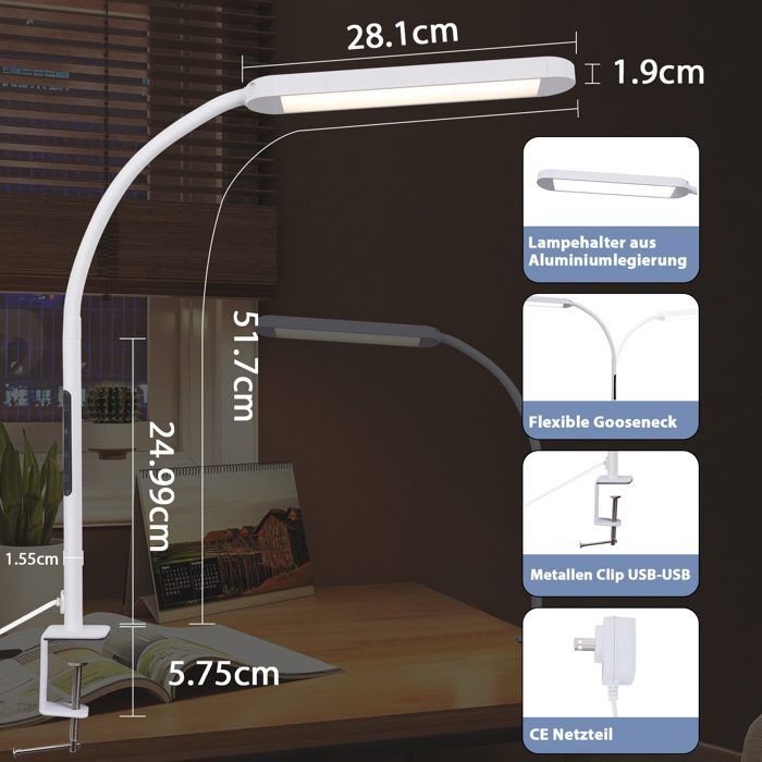 Lampe de table LED - NETTLIFE - À pince - Dimmable 5 niveaux - 3000K blanc chaud - 11W