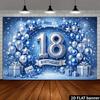 2D planar blue and silver glitter birthday backdrop for 18-year-old, featuring the design of the word "18" in silver color.