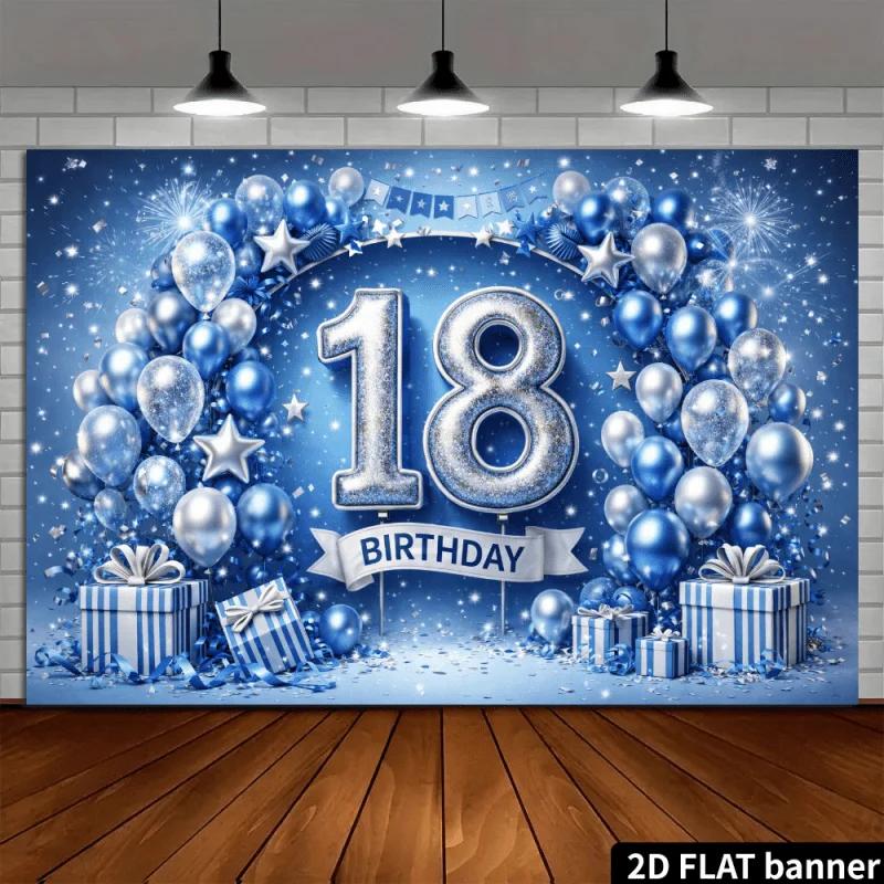 2D planar blue and silver glitter birthday backdrop for 18-year-old, featuring the design of the word "18" in silver color.