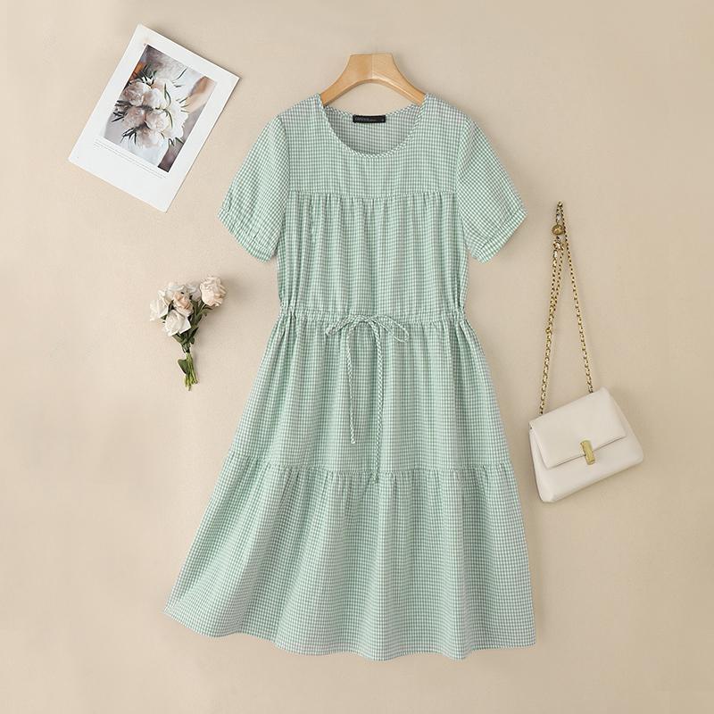 ZANZEA Women Casual Round Neck Summer Short Sleeve Plaid Print Dress