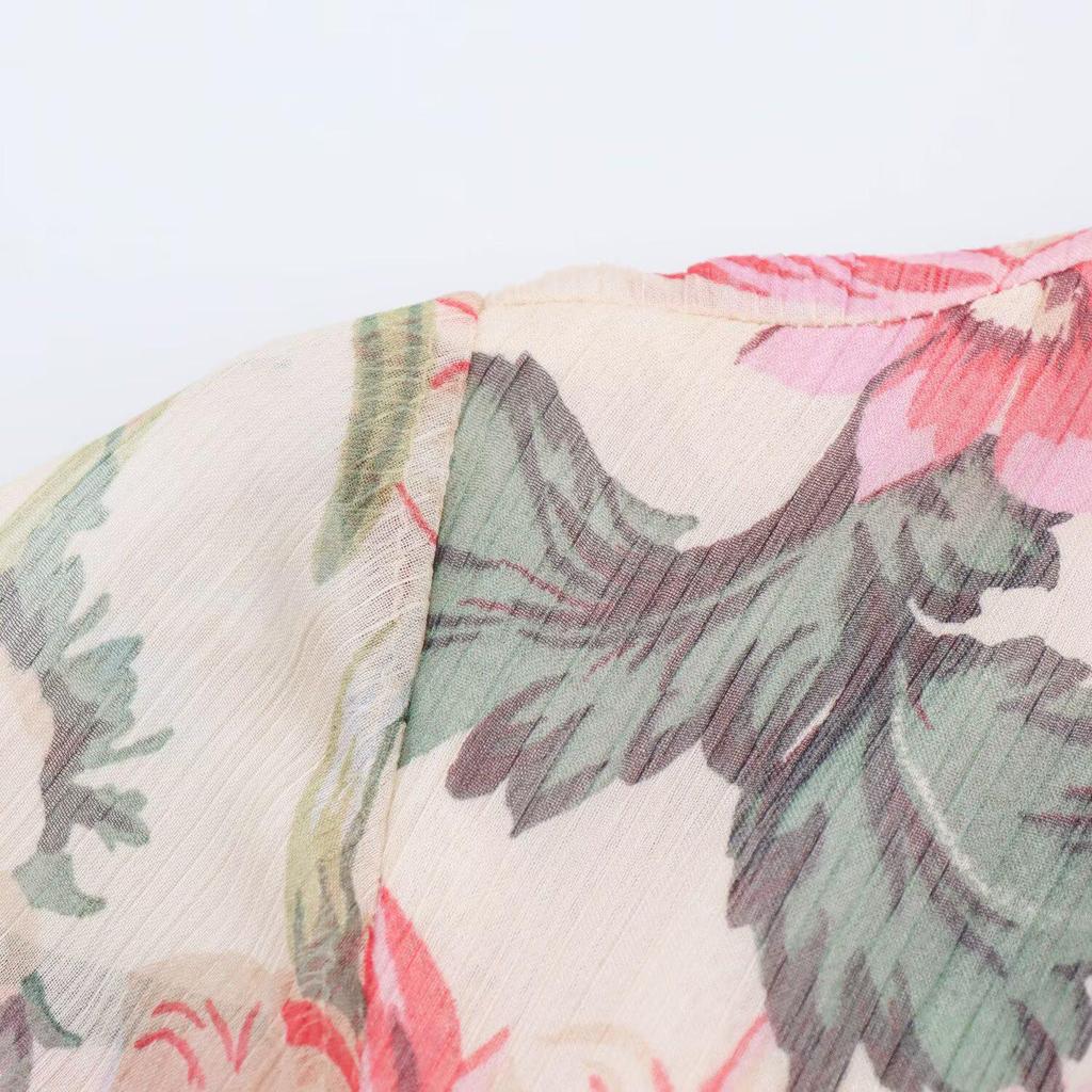 Весна 2025 Женское платье с цветочным принтом и завязывающейся горловиной с поясом