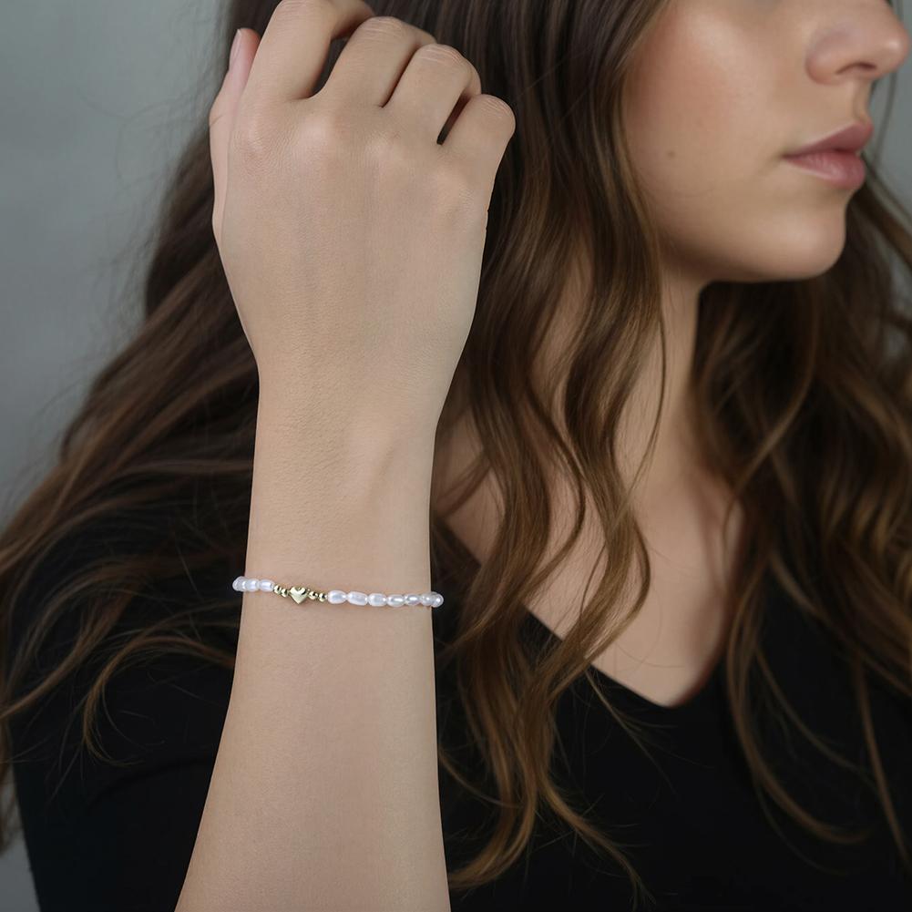 Sweet Pearl Beaded Bracelet Minimal Freshwater Pearl Heart 925 Sterling Silver Adjustable Chic Jewelry for Women