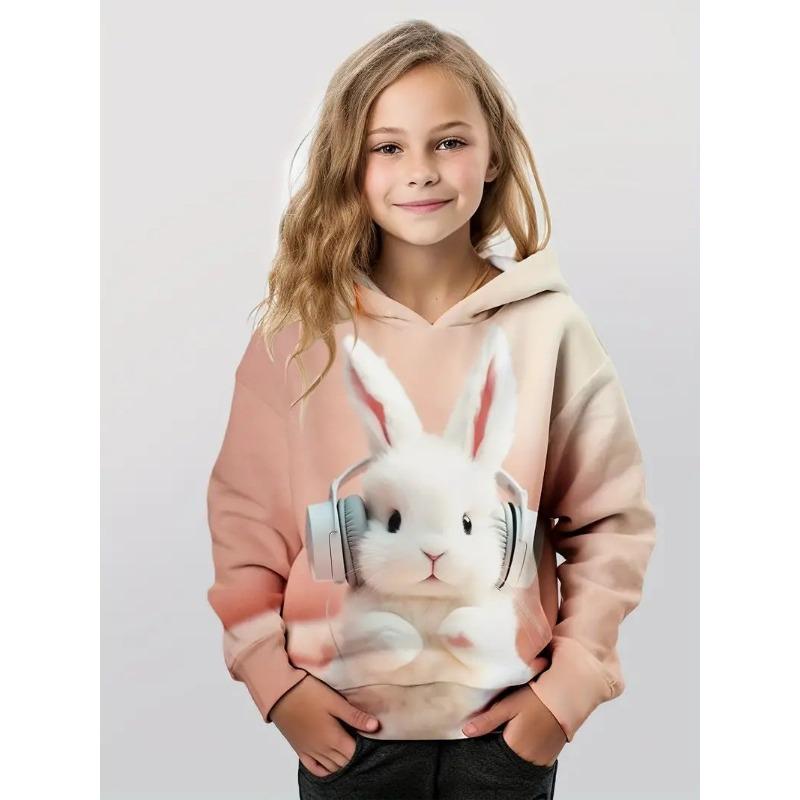 Осенний новый милый кролик в наушниках 3D-симуляция детский пуловер тренд сладкий и энергичный толстовка с капюшоном для девочек