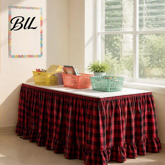 Hidden Storage Desk Cover Ruffled Plaid Table Skirt, Durable Polyester with Hook And Skirt for Classroom Loop Fasteners, Decorative Party Wedding