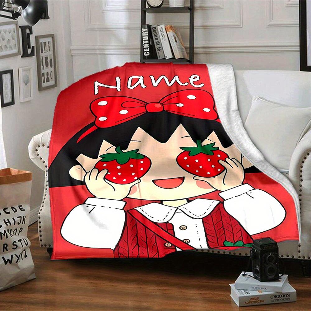 Chibi Marukochan Strawberry Girl Red Bow Cartoon Print Blanket Personalized Name Soft Lightweight And Versatile For Sofa Bed Picnic Office Car Travel