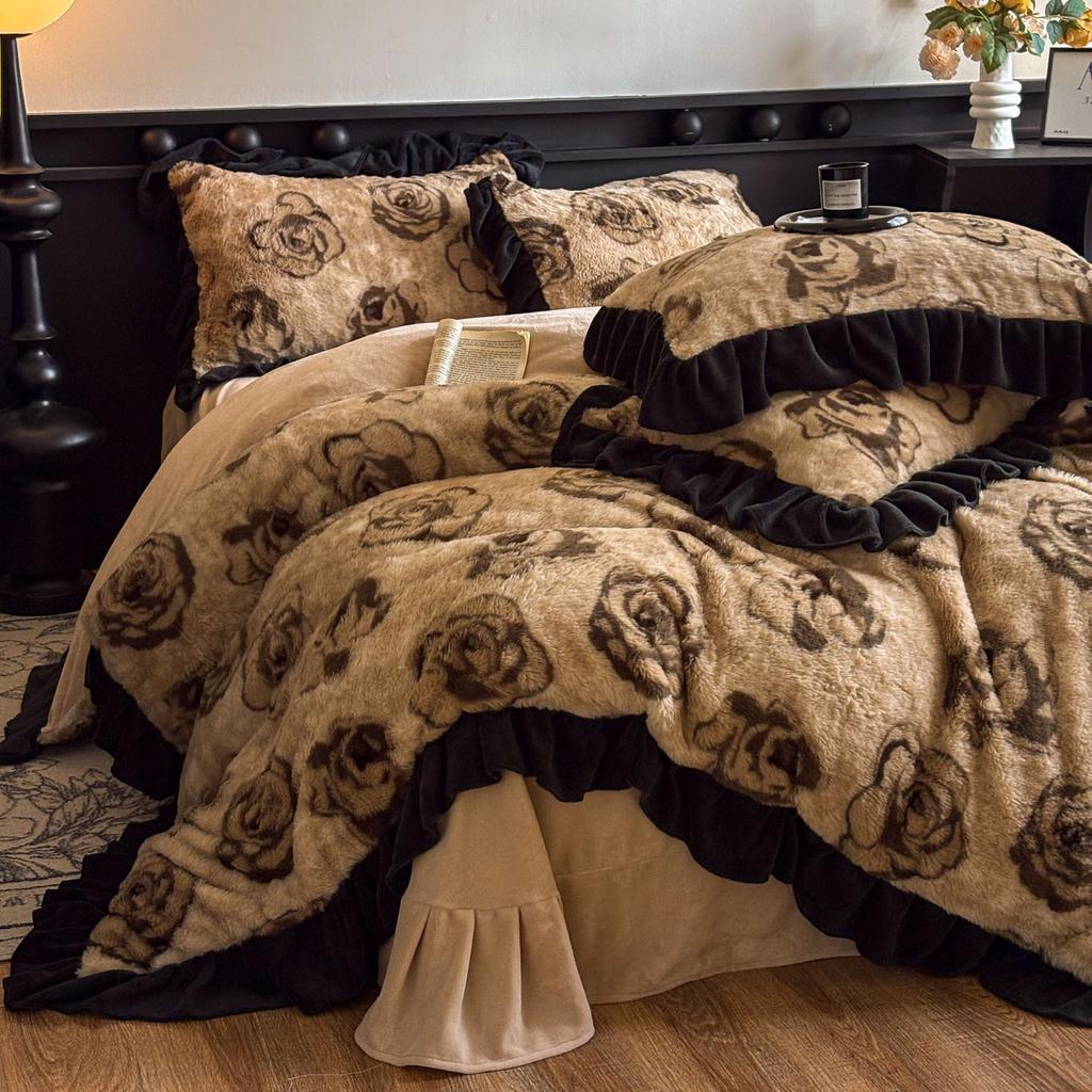 Зимний роскошный комплект постельного белья из четырех предметов с леопардовым принтом и кроличьим мехом - Пододеяльник с дополнительным наполнителем и утолщением для повышенного тепла и комфорта.