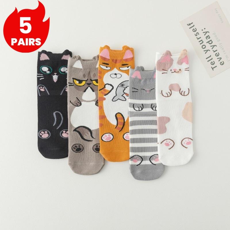 5 пар женских носков до щиколотки, милые кошки, забавные, присборенные, поп, новинка, персонализированные, влагоотводящие, подарки