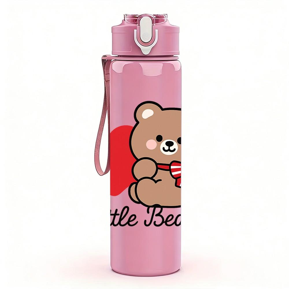 1PC Little Bear Red Heart Pattern 750ml Color Plastic Sports Water Bottle Leakproof Flip Straw Lid Suitable for Sports Office Home Use