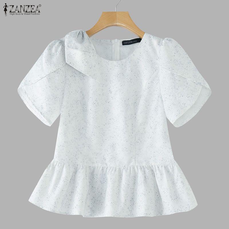 ZANZEA Женская повседневная летняя блузка с круглым вырезом и коротким рукавом с принтом