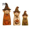 Whimsical Witch Hat Cat Figurines 3Pcs Rustic Wooden Halloween Tabletop Decor, Farmhouse Black Figurine Moon Star Pumpkin Art with Hat,