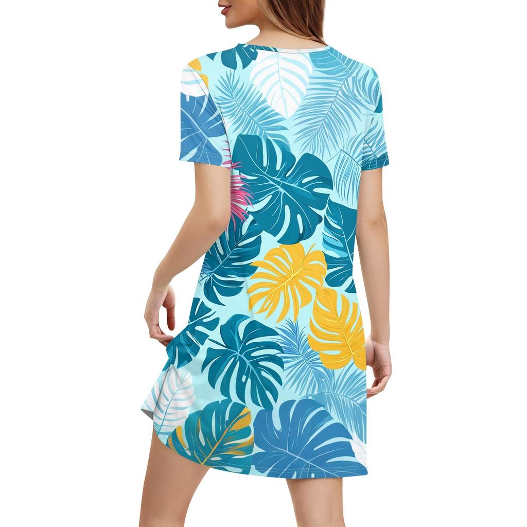 Women's Fashion Casual Printed With Pockets Bohemian Beach V-Neck Short Sleeve Dresses