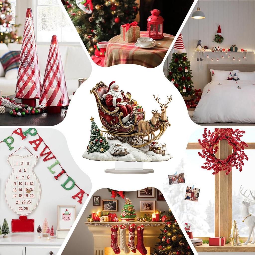 Flat Acrylic Christmas Reindeer Sleigh Santa Figurine Christmas Santa Claus on Sleigh Decoration Holiday 2025 Party Supplies