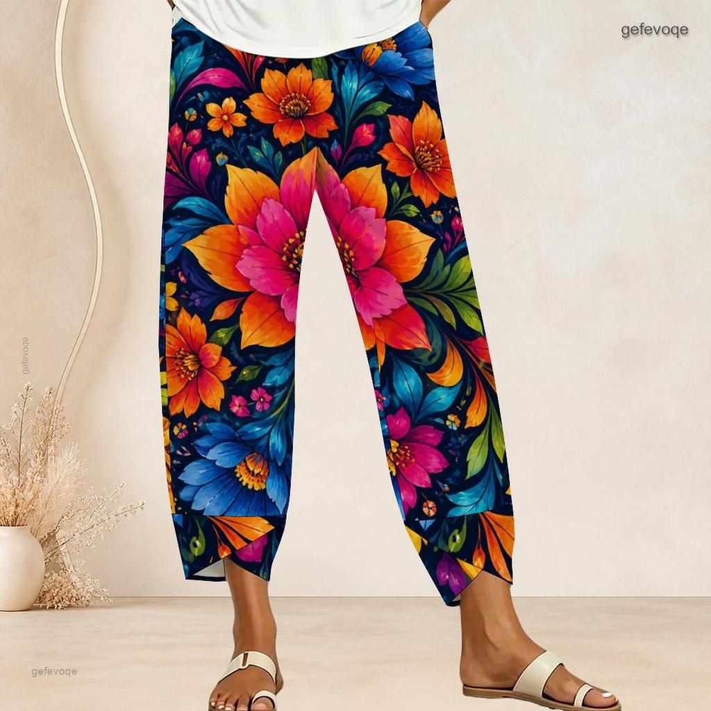 Women Plus Size Loose Fit Printed Cropped Pants Cross Hem With Pockets