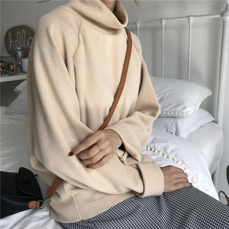 Джемпер с высоким воротником, женский теплый тонкий вязаный свободный белый пуловер, вязаный базовый топ, вязаная одежда на весну и осень