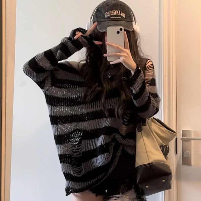 Gothic Streetwear Striped Knitted Sweater Women Harajuku Punk Hollow Out Jumper Hole Loose All-match Tops Grunge E-girl