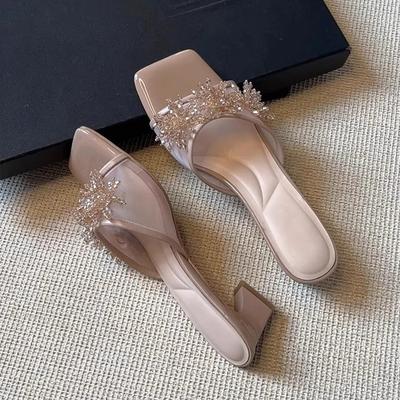 Красивая версия~ Французская сетка со стразами, мягкая кожа, квадратный носок, высокие каблуки, женские летние с открытым носком, красивый темперамент, модные, крутые