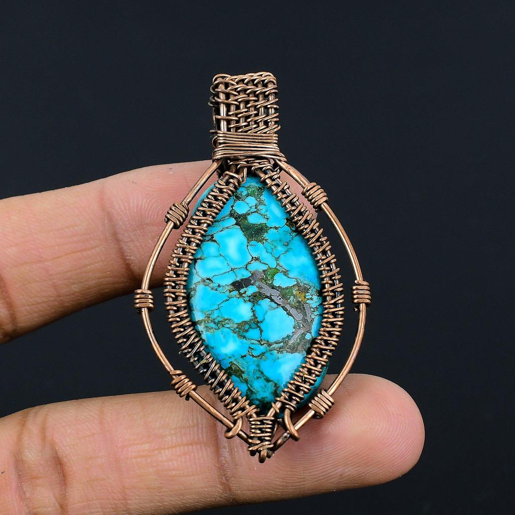 Tibetan Turquoise Pendant, 999 Copper Wire Wrapped Gemstone Jewelry, Handmade Pendant, For Thanksgiving